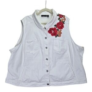 Susan‎ Graver White Embroidered Floral Sleeveless Denim Vest 3X Bohemian Western